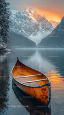 Canoe on Tranquil Lake with Majestic Snowy Mountains