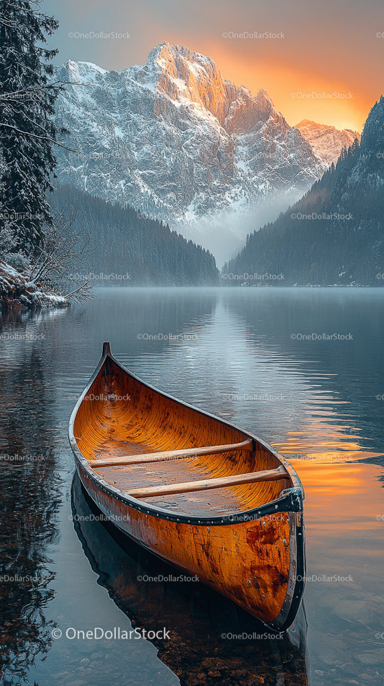 Canoe on Tranquil Lake with Majestic Snowy Mountains