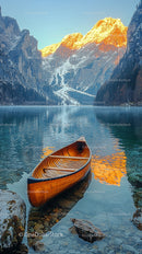 Serene Mountain Lake with Wooden Canoe at Sunrise