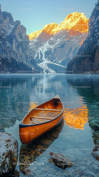Serene Mountain Lake with Wooden Canoe at Sunrise