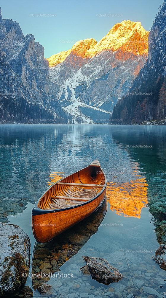Serene Mountain Lake with Wooden Canoe at Sunrise