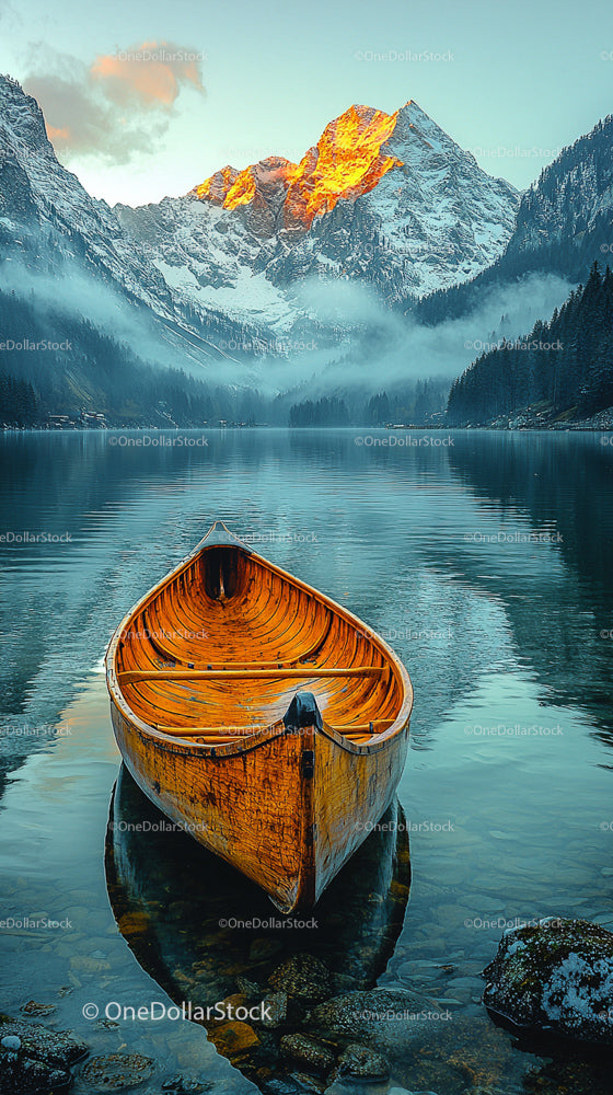 Wooden Canoe on Serene Lake by Snowy Mountains at Sunrise
