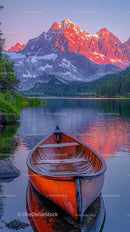 Wooden Canoe on Serene Lake with Majestic Mountain View