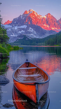Wooden Canoe on Serene Lake with Majestic Mountain View