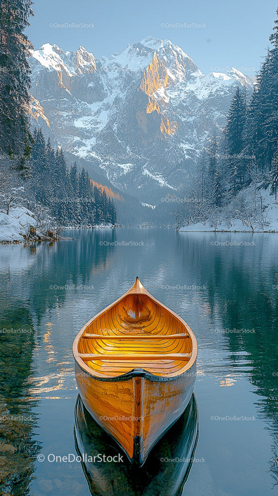 Wooden Canoe on Serene Mountain Lake at Sunrise