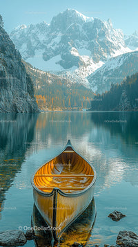 Canoe on Tranquil Mountain Lake with Snow-Capped Peaks