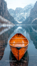 Wooden Canoe on a Reflective Mountain Lake with Snowy Peaks