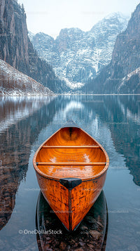 Wooden Canoe on a Reflective Mountain Lake with Snowy Peaks