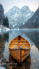 Wooden Canoe Facing Snowy Mountains by a Serene Lake