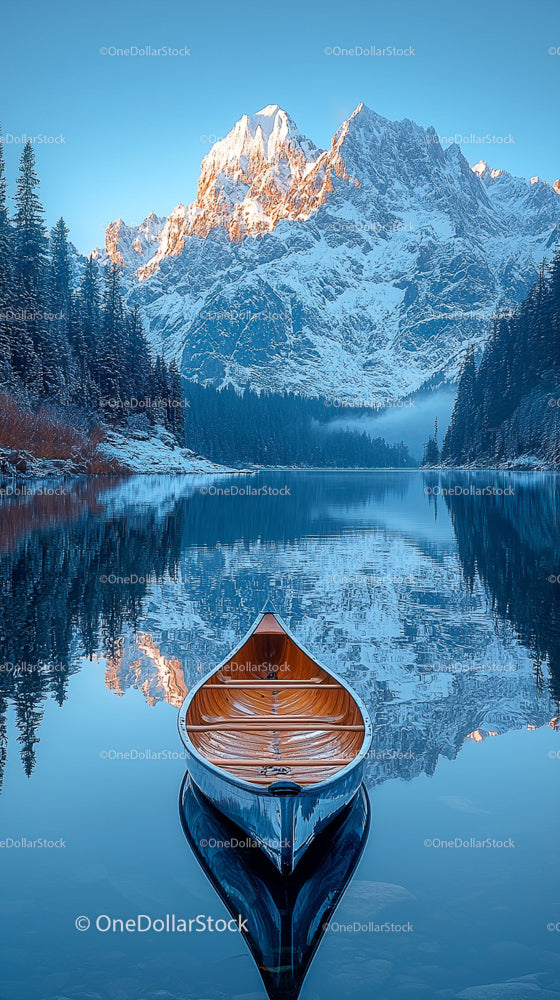 Wooden Canoe on Serene Lake with Snow-Covered Mountain View