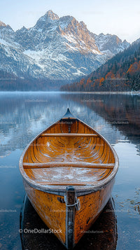 Wooden Boat on Tranquil Mountain Lake in Autumn