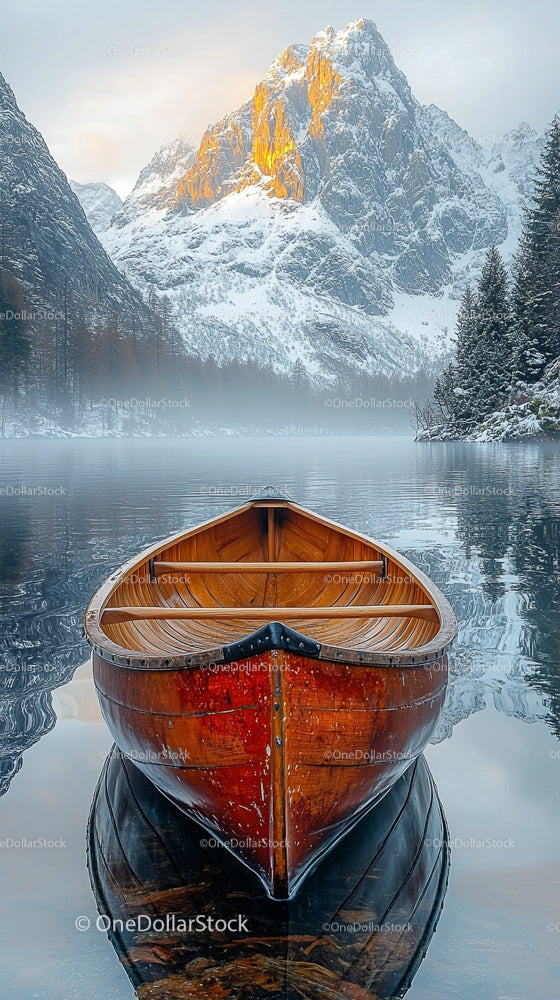 Serene Wooden Boat on Misty Mountain Lake