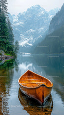 Serene Wooden Boat on Tranquil Lake with Snowy Mountain View
