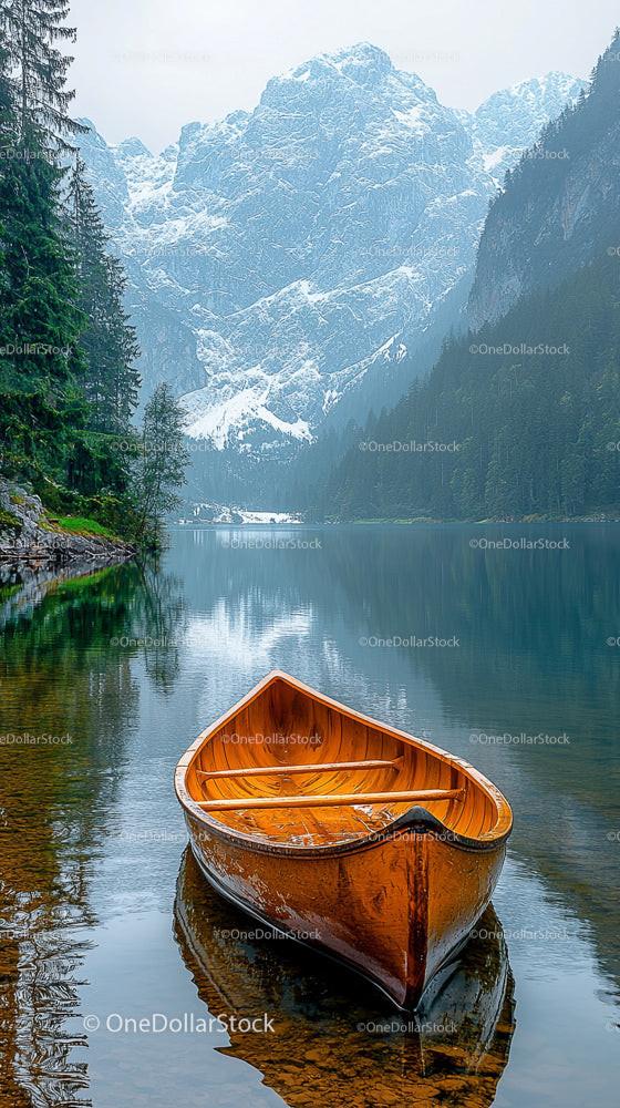 Serene Wooden Boat on Tranquil Lake with Snowy Mountain View