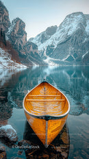 Yellow Canoe Floating on a Tranquil Mountain Lake in Winter