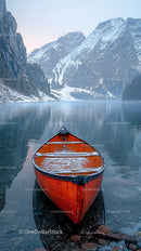 Red Canoe on a Serene Lake with Snow-Capped Mountains