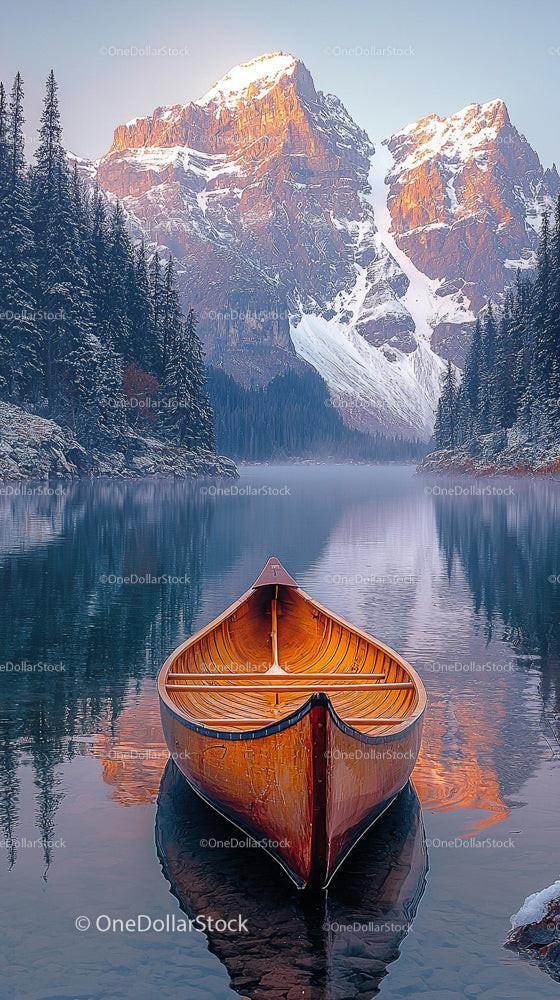 Canoe on Tranquil Lake with Majestic Mountain Backdrop