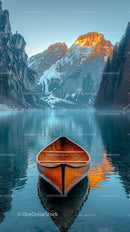 Wooden Canoe on Tranquil Mountain Lake at Sunset