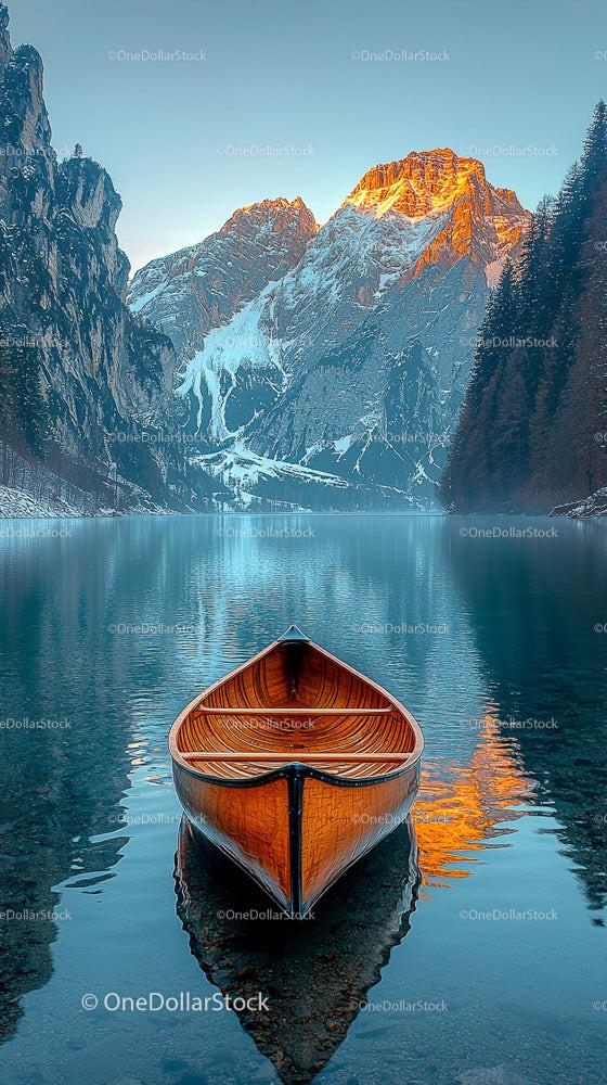 Wooden Canoe on Tranquil Mountain Lake at Sunset