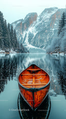 Wooden Canoe on Tranquil Mountain Lake in Winter