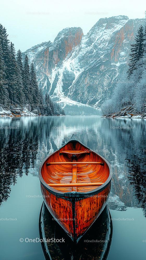 Wooden Canoe on Tranquil Mountain Lake in Winter