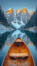 Canoe on Tranquil Lake Amid Snow-Capped Mountain Peaks