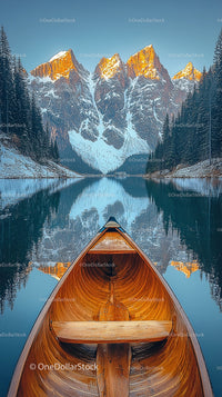 Canoe on Tranquil Lake Amid Snow-Capped Mountain Peaks