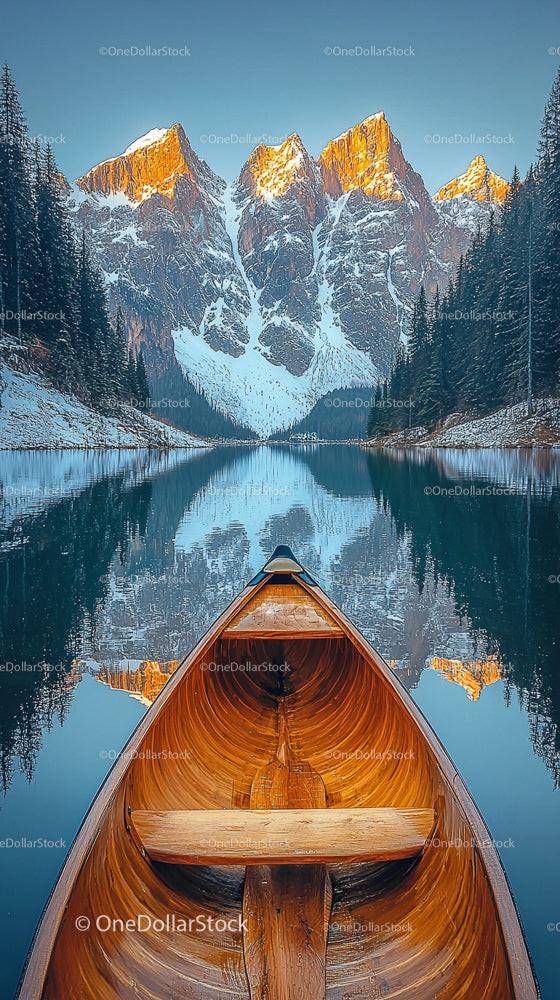 Canoe on Tranquil Lake Amid Snow-Capped Mountain Peaks