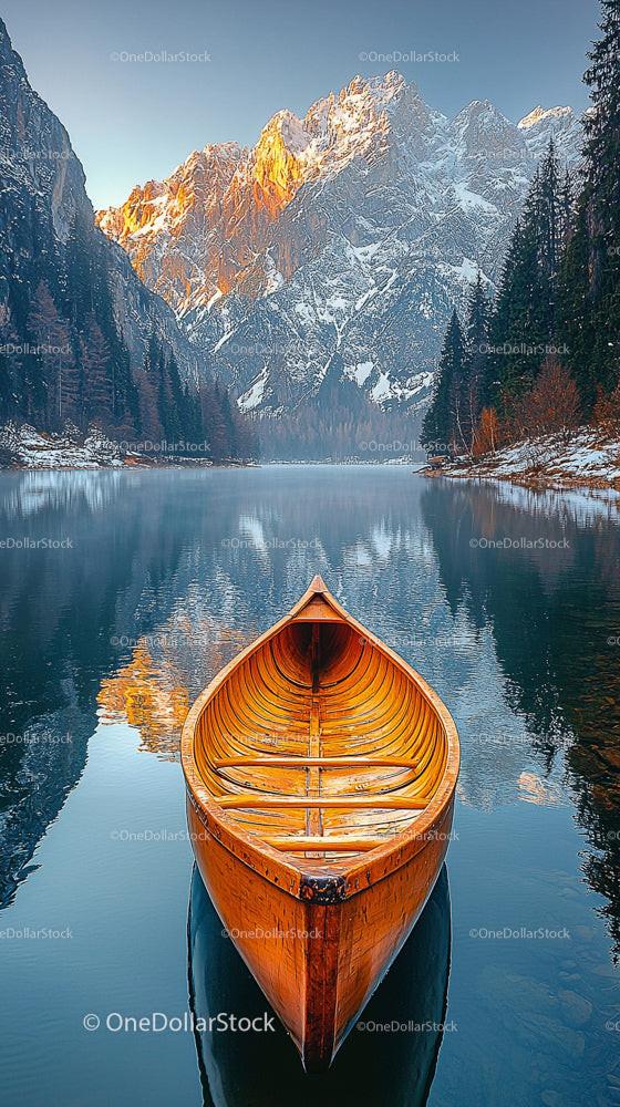 Tranquil Wooden Boat on Serene Alpine Lake