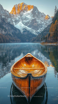 Wooden Boat on Tranquil Mountain Lake at Sunrise