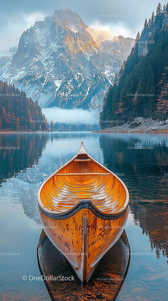 Wooden Canoe on Mirror-Like Lake with Snowy Mountain Backdrop