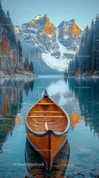 Wooden Canoe on a Serene Lake with Mountain Reflection