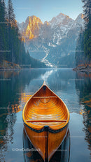 Wooden Canoe on Serene Mountain Lake at Sunrise