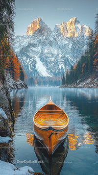 Wooden Boat on Tranquil Alpine Lake with Snowy Peaks