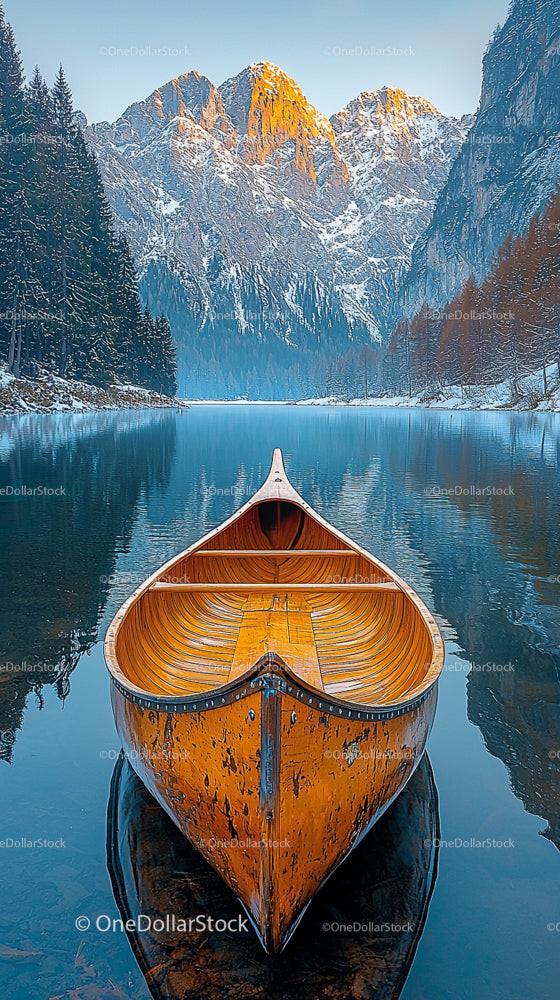 Tranquil Mountain Lake with Wooden Canoe in Alpine Setting