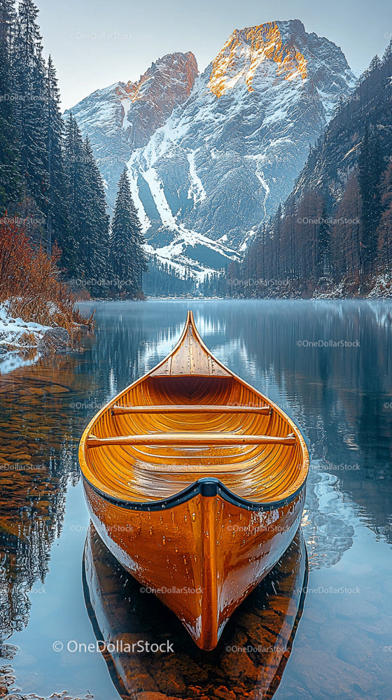 Peaceful Lake with Canoe and Snowy Mountains