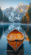 Wooden Canoe on Tranquil Mountain Lake at Sunset