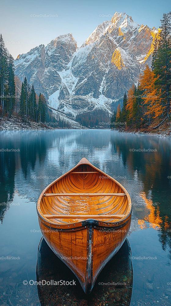Wooden Canoe on Tranquil Mountain Lake at Sunset