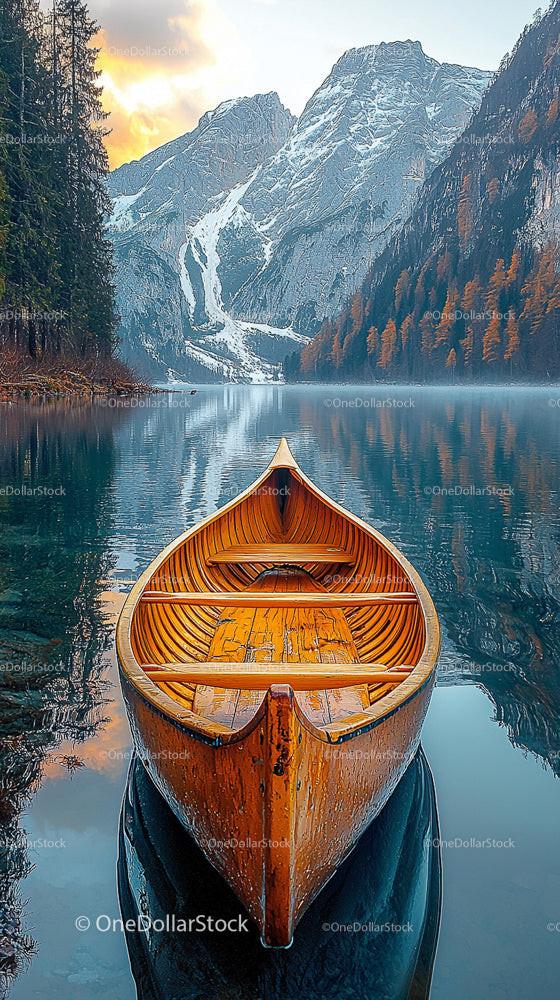 Wooden Canoe on Tranquil Lake with Majestic Mountain Scenery