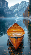 Wooden Canoe on Tranquil Lake with Snowy Mountain Backdrop