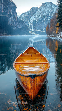 Wooden Canoe on Tranquil Lake with Snowy Mountain Backdrop