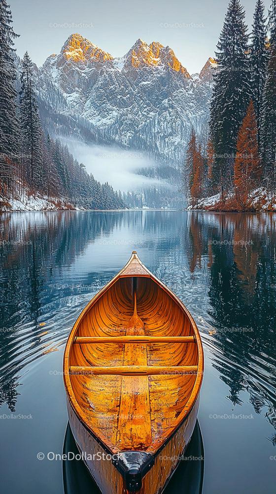 Wooden Canoe on Mountain Lake with Snow-Capped Peaks