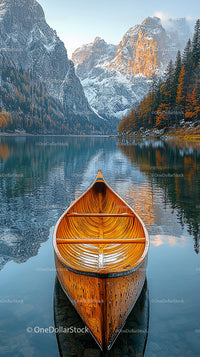 Tranquil Mountain Lake with Wooden Canoe and Autumn Colors