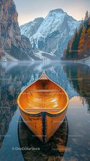 Serene Mountain Lake with Wooden Canoe at Sunrise
