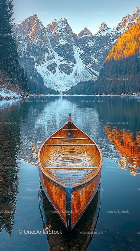 Wooden Canoe on Tranquil Mountain Lake at Sunrise