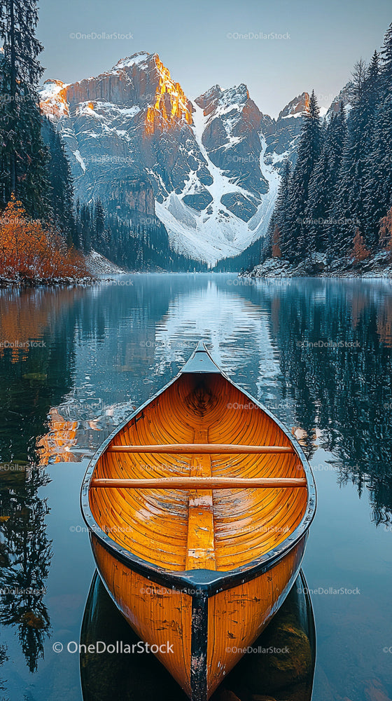 Kajak na jeziorze Pristine Lake z ośnieżonymi górami w tle