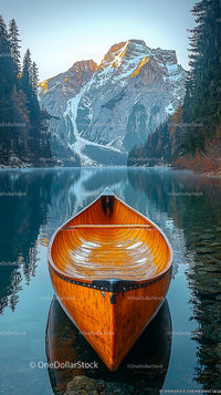 Canoe on Tranquil Mountain Lake with Snow-Capped Peaks