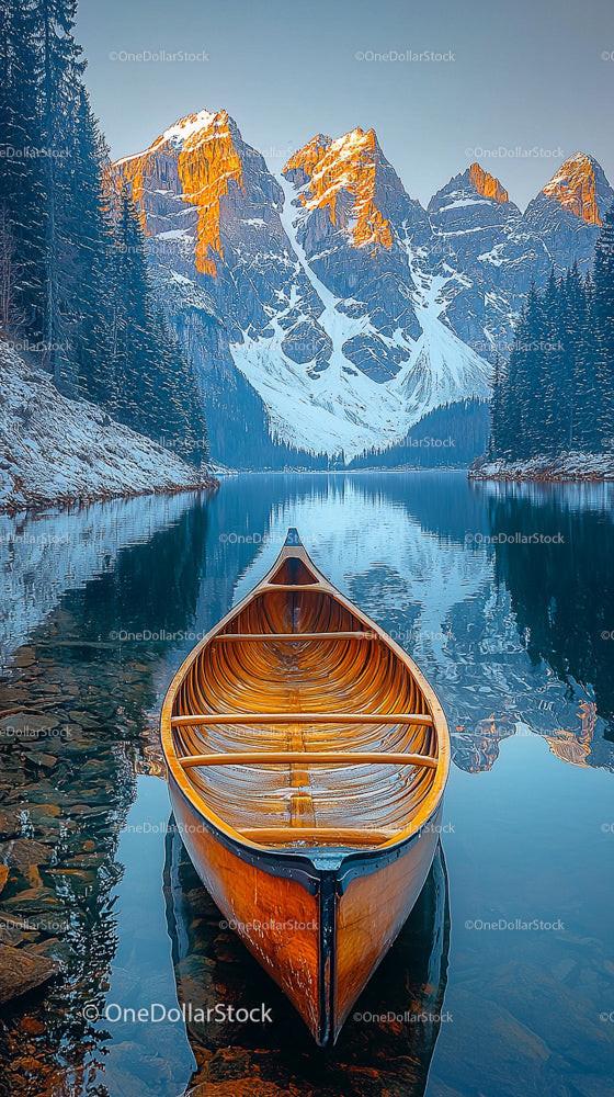 Canoe on a Serene Lake with Majestic Mountain Reflection
