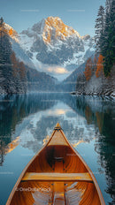 Canoe on Serene Mountain Lake with Snowy Peaks