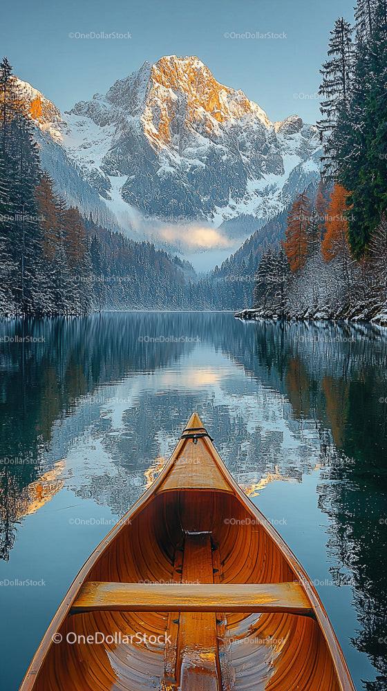 Canoe on Serene Mountain Lake with Snowy Peaks